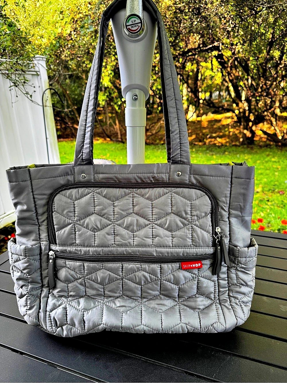 Skip Hop Mainframe Wide Open Diaper Bag Gray Quilted Exterior With Bright Yell